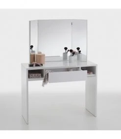 Calicosy Coiffeuses Coiffeuse 1 Tiroir 2 Niches Avec Miroir 3 Pans - Blanc -Marquee Magasin coiffeuse 1 tiroir 2 niches avec miroir 3 pans blanc 5