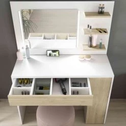 Terre De Nuit Coiffeuses Coiffeuse Avec Miroir En Bois Blanc Et Imitation Chêne -Marquee Magasin coiffeuse avec miroir en bois blanc et imitation chene 2