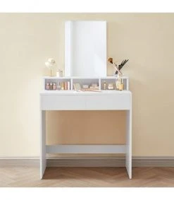 Calicosy Coiffeuses Coiffeuse Blanche Avec 1 Miroir Et 2 Tiroirs - L80 X H140 Cm -Marquee Magasin coiffeuse blanche avec 1 miroir et 2 tiroirs l80 x h140 cm 2