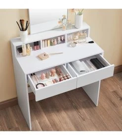 Calicosy Coiffeuses Coiffeuse Blanche Avec 1 Miroir Et 2 Tiroirs - L80 X H140 Cm -Marquee Magasin coiffeuse blanche avec 1 miroir et 2 tiroirs l80 x h140 cm 4