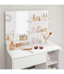 Calicosy Coiffeuses Coiffeuse Blanche Avec 1 Tiroir, 2 étagères Et Armoire De Rangement -Marquee Magasin coiffeuse blanche avec 1 tiroir 2 etageres et armoire de rangement 5