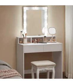 Marquee Magasin -Marquee Magasin coiffeuse blanche avec miroir a ampoules et 2 tiroirs l80 x h145 cm 1