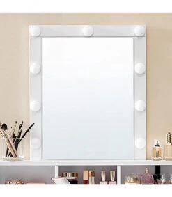 Calicosy Coiffeuses Coiffeuse Blanche Avec Miroir à Ampoules Et 2 Tiroirs - L80 X H145 Cm -Marquee Magasin coiffeuse blanche avec miroir a ampoules et 2 tiroirs l80 x h145 cm 2