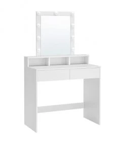 Calicosy Coiffeuses Coiffeuse Blanche Avec Miroir à Ampoules Et 2 Tiroirs - L80 X H145 Cm