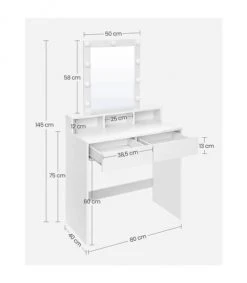 Calicosy Coiffeuses Coiffeuse Blanche Avec Miroir à Ampoules Et 2 Tiroirs - L80 X H145 Cm -Marquee Magasin coiffeuse blanche avec miroir a ampoules et 2 tiroirs l80 x h145 cm 3