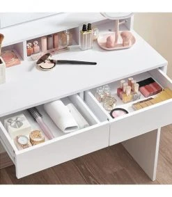 Calicosy Coiffeuses Coiffeuse Blanche Avec Miroir à Ampoules Et 2 Tiroirs - L80 X H145 Cm -Marquee Magasin coiffeuse blanche avec miroir a ampoules et 2 tiroirs l80 x h145 cm 4