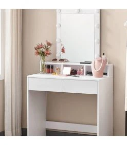 Calicosy Coiffeuses Coiffeuse Blanche Avec Miroir à Ampoules Et 2 Tiroirs - L80 X H145 Cm -Marquee Magasin coiffeuse blanche avec miroir a ampoules et 2 tiroirs l80 x h145 cm 5