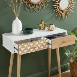 Baita Consoles Et Drapiers Console Blanc Et Effet Chêne 2 Tiroirs 80cm -Marquee Magasin console blanc et effet chene 2 tiroirs 80cm 3