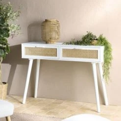 MACABANE Consoles Et Drapiers Console Blanche 2 Tiroirs Cannage Naturel -Marquee Magasin console blanche 2 tiroirs cannage naturel 1
