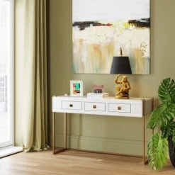 Kare Design Consoles Et Drapiers Console Blanche 3 Tiroirs En Verre Et Acier Or Rose -Marquee Magasin console blanche 3 tiroirs en verre et acier or rose 4