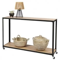 Fornord Consoles Et Drapiers Console D'entrée En Métal Noir Et 2 Plateaux En Bois Sur Roulettes