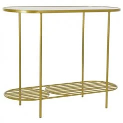 Wadiga Consoles Et Drapiers Console En Métal Doré Et Plateau En Verre Cannage 99,5x38x80cm