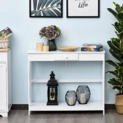 Homcom Consoles Et Drapiers Console Néo-rétro Tiroir Avec étagère Blanc -Marquee Magasin console neo retro tiroir avec etagere blanc 3