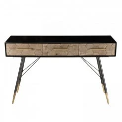 MACABANE Consoles Et Drapiers Console Noire 3 Tiroirs En Sapin Marqueté Pieds Métal Doré