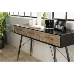 MACABANE Consoles Et Drapiers Console Noire 3 Tiroirs En Sapin Marqueté Pieds Métal Doré -Marquee Magasin console noire 3 tiroirs en sapin marquete pieds metal dore 3