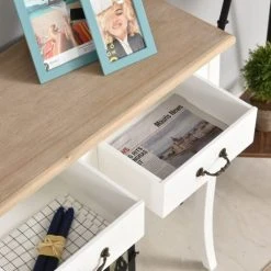Homcom Consoles Et Drapiers Console Style Table De Drapier Shabby Chic 2 Tiroirs Blanc -Marquee Magasin console style table de drapier shabby chic 2 tiroirs blanc 4