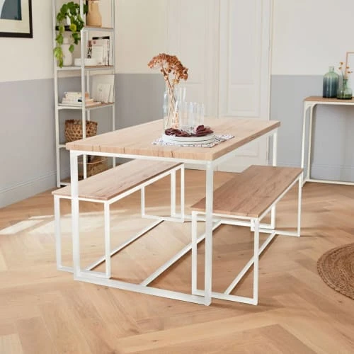 Alice's Garden Tables à Manger Set Table Haute Effet Bois Avec 2 Bancs En Acier Blanc Mat 4 Alice's Garden Tables à Manger Set Table Haute Effet Bois Avec 2 Bancs En Acier Blanc Mat – Image 2